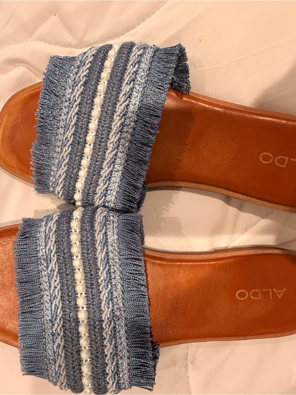 Aldo Blue Fringed Slide Sandals with Pearl Accent